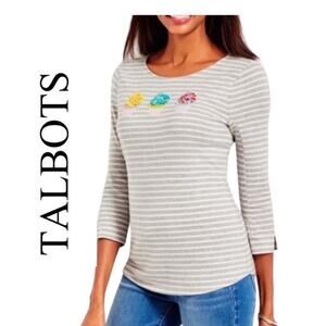 TALBOTS TOP 3/4 SLEEVE CUPCAKES SEQUIN GRAY/WHITE STRIPES SZ M EYE CATCHING